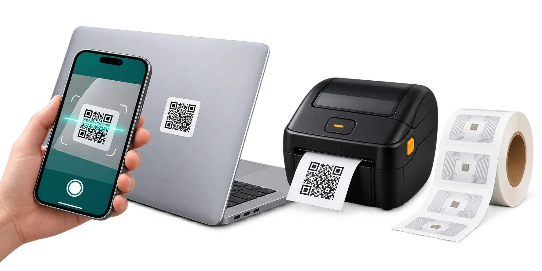 Mobile phone scanning a QR asset label beside a portable label printer and RFID sticker roll