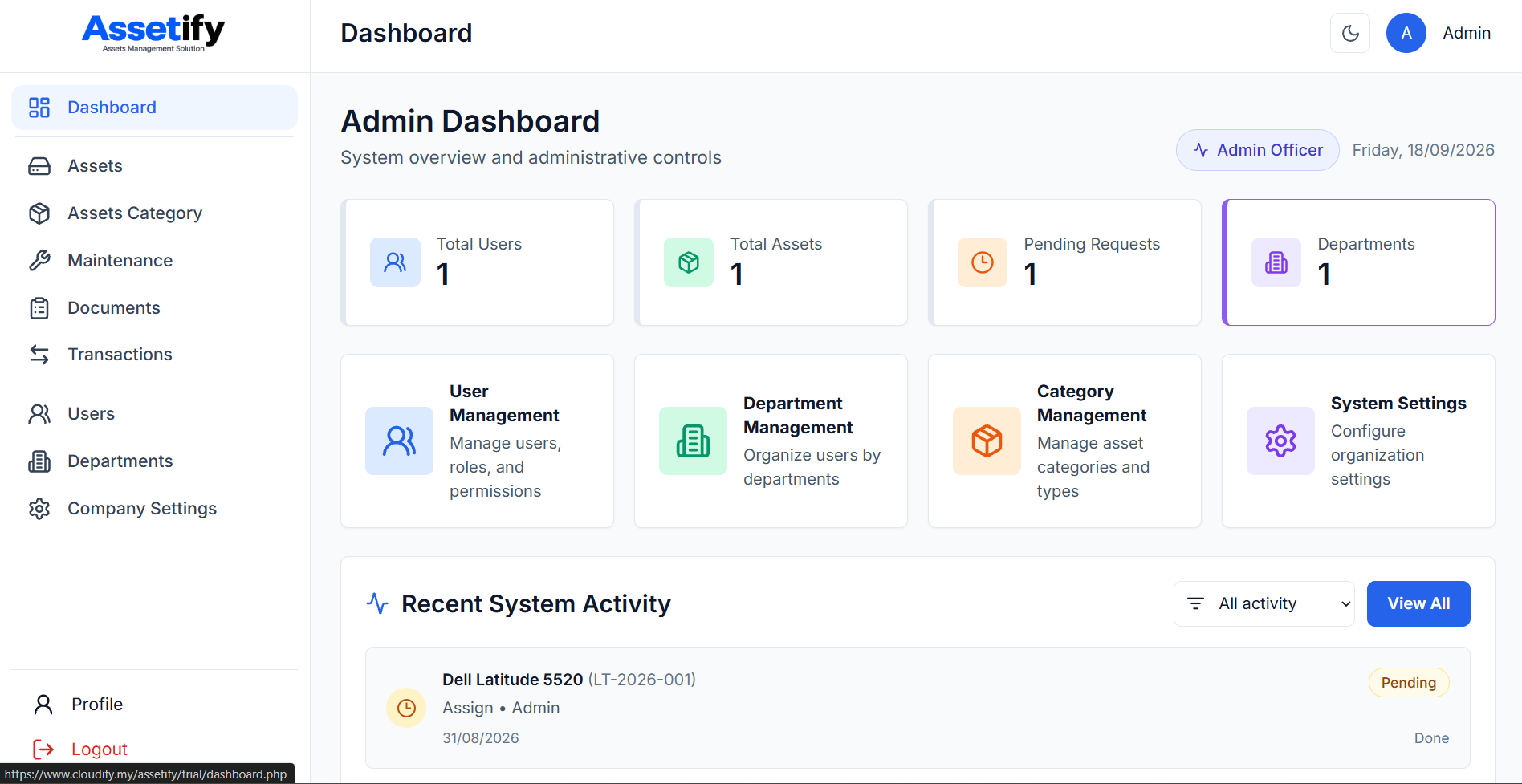 Assetify admin dashboard showing asset totals, departments and recent activity