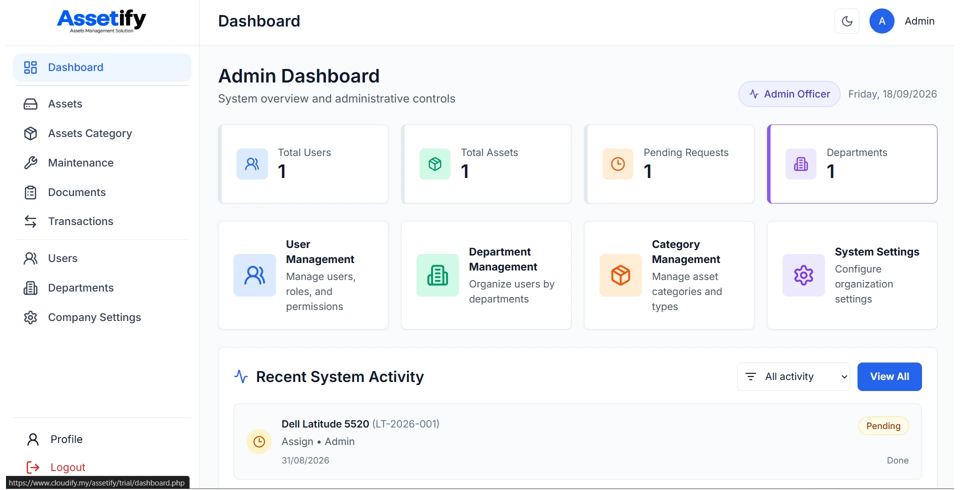 Assetify admin dashboard showing asset totals, departments and recent activity