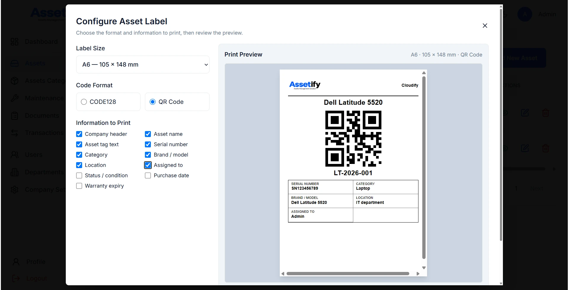 Assetify asset label configuration and printing preview
