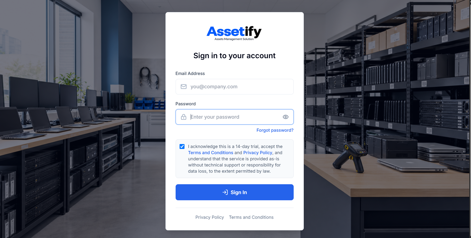 Assetify secure sign-in screen displayed over an organised equipment storeroom