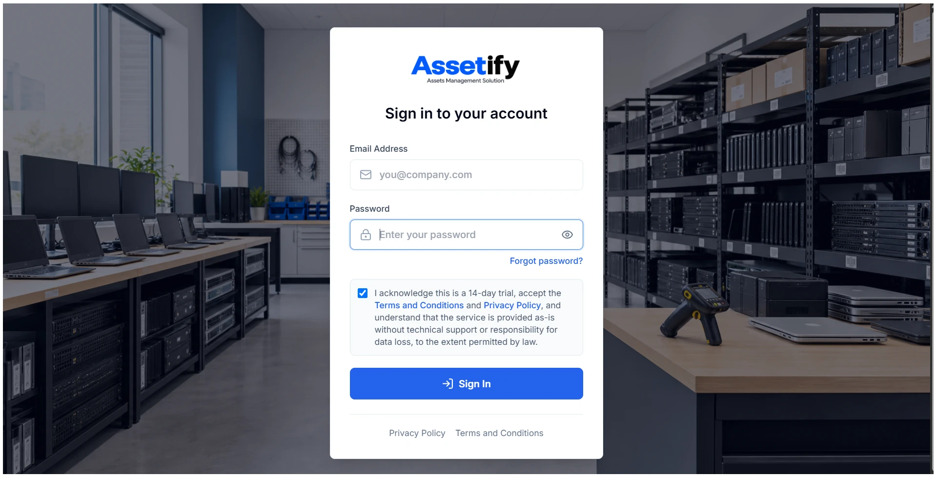 Assetify secure sign-in screen displayed over an organised equipment storeroom